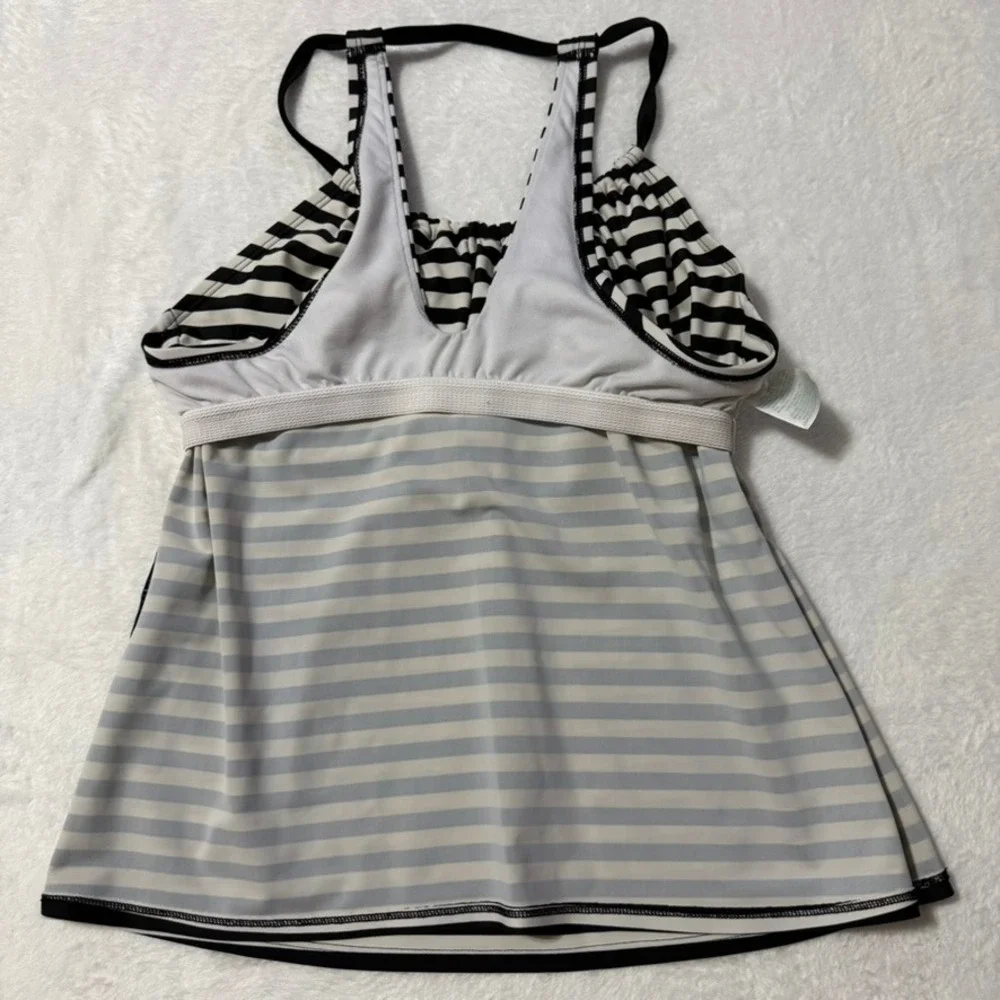 Kona Sol Tankini Top Women Medium Black White Striped Blouson Strappy Back Beach